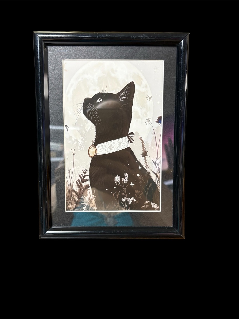 5x7 Framed Black Cat Moon Art Print – Celestial Witchy Décor